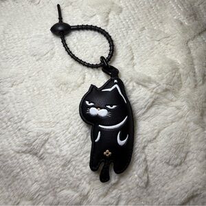 Black Grumpy Cat Faux Leather Keychain Handbag Charm with Rubber Tie, NWT